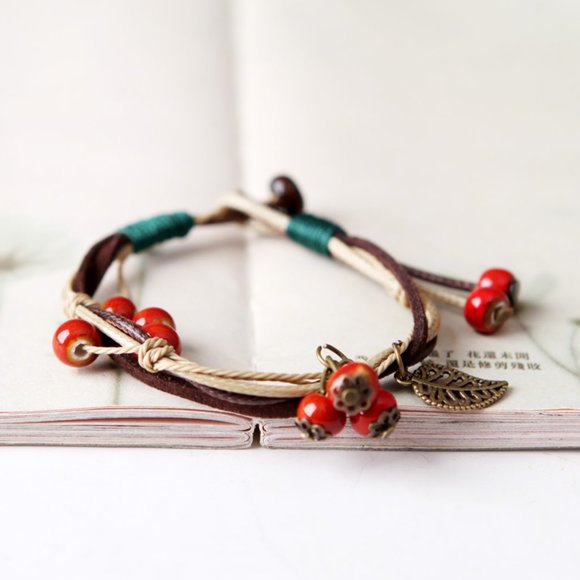 Ceramic Bead Charm Leaf Bracelet BOHO Bolo - Picture 3 of 5